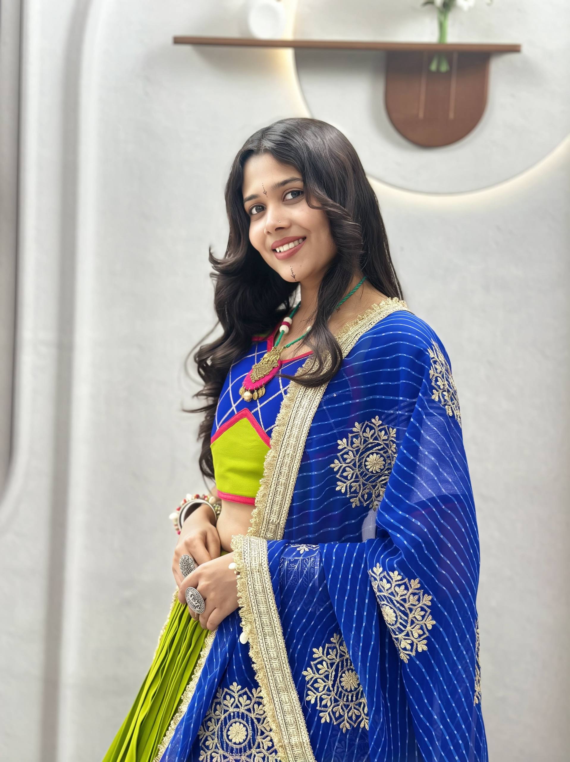 Parrot Green & Royal Blue Navratri Cotton Lehenga Choli with Vintage Georgette Dupatta