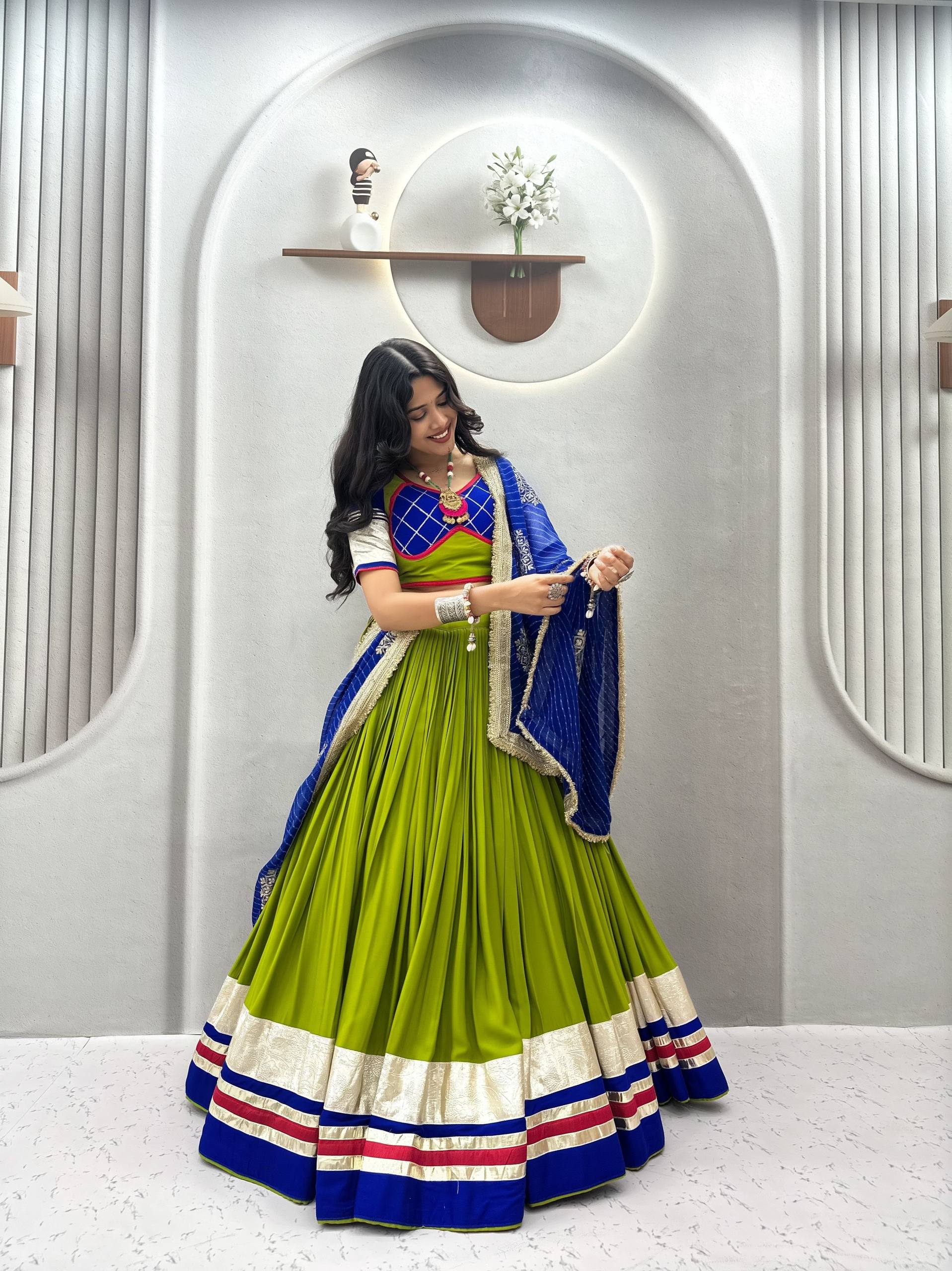 Parrot Green & Royal Blue Navratri Cotton Lehenga Choli with Vintage Georgette Dupatta