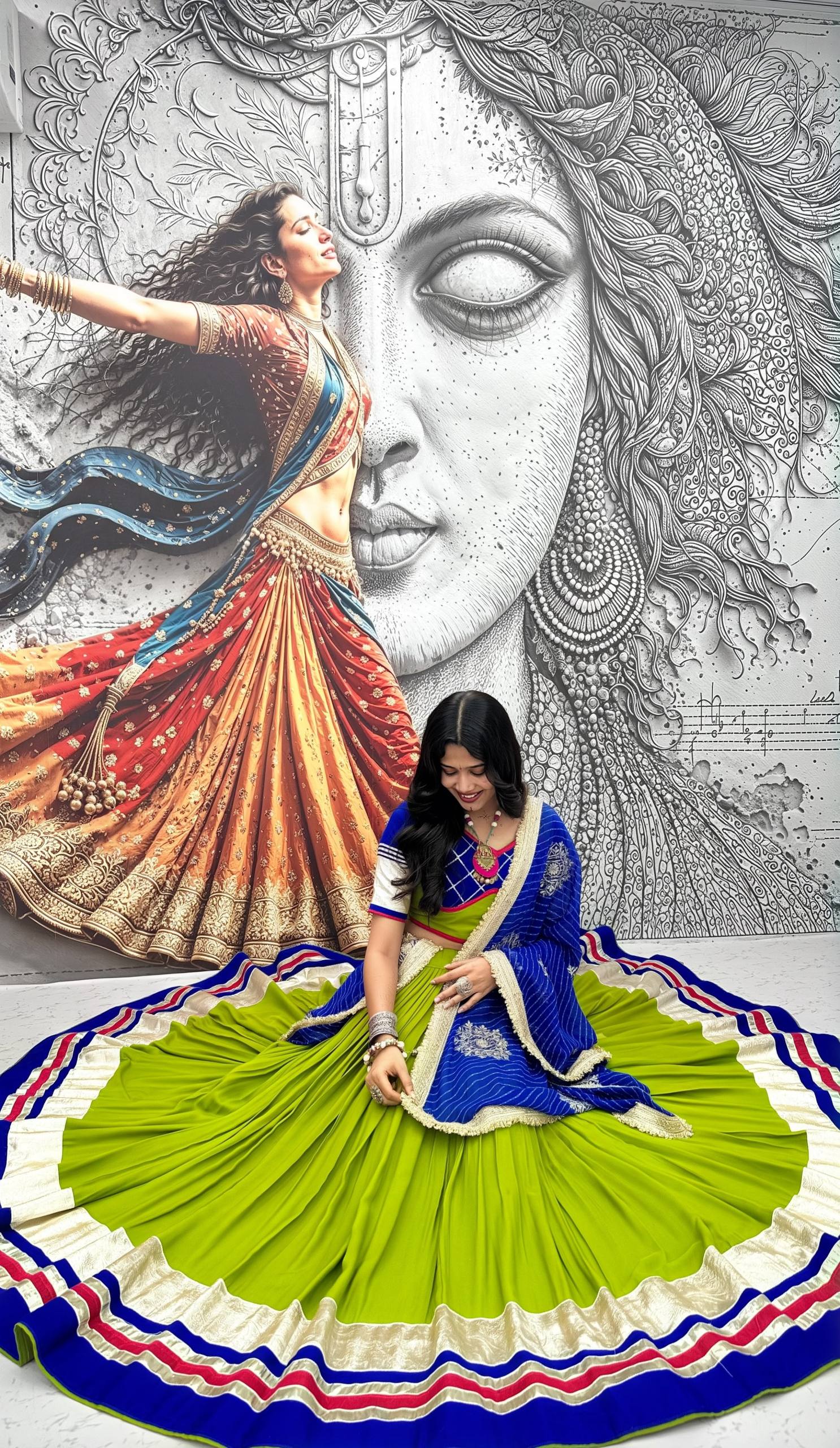 Parrot Green & Royal Blue Navratri Cotton Lehenga Choli with Vintage Georgette Dupatta