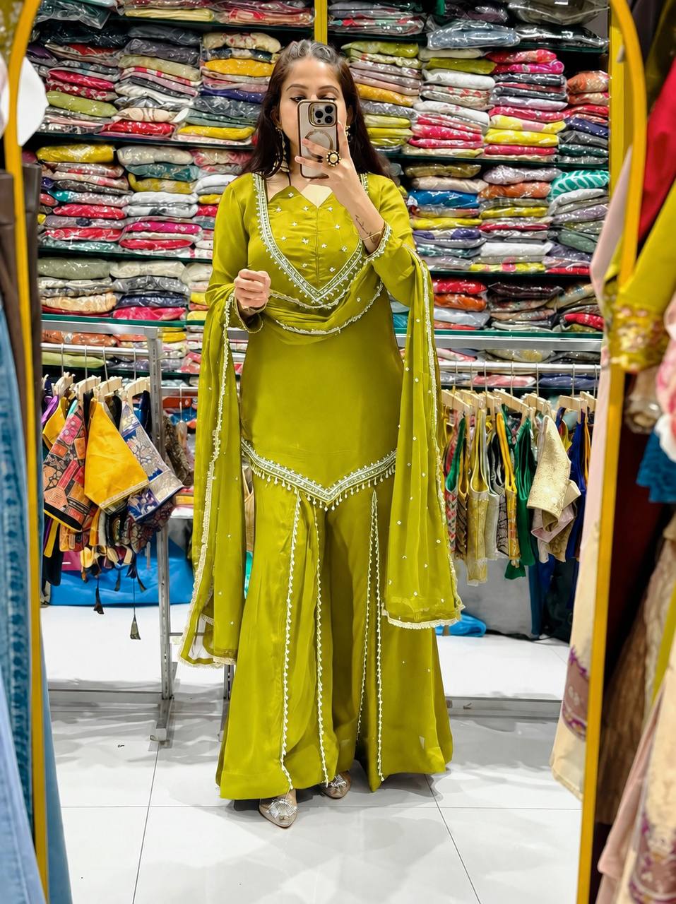 Lime Green Roman Glass Mirror Work Palazzo Suit Set with Chanderi Dupatta