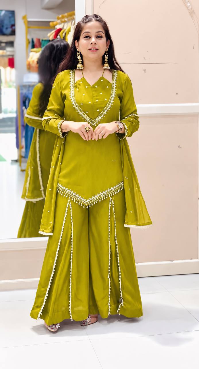 Lime Green Roman Glass Mirror Work Palazzo Suit Set with Chanderi Dupatta