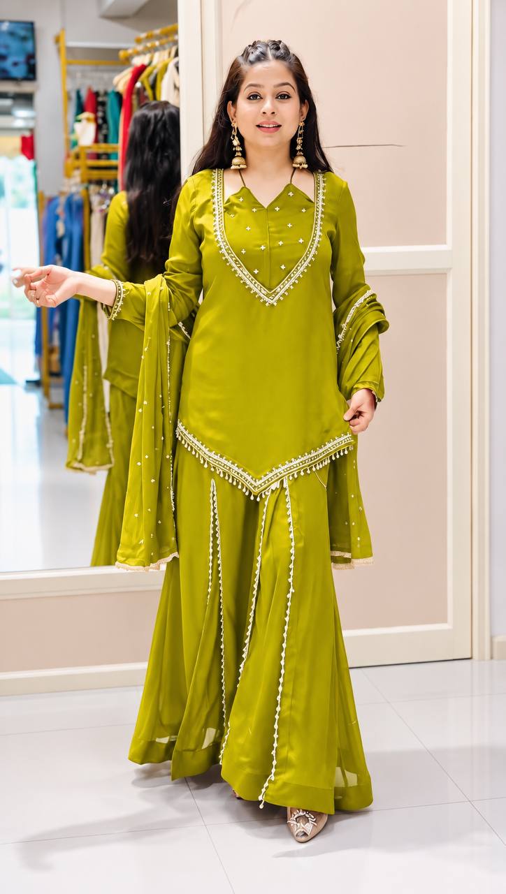 Lime Green Roman Glass Mirror Work Palazzo Suit Set with Chanderi Dupatta