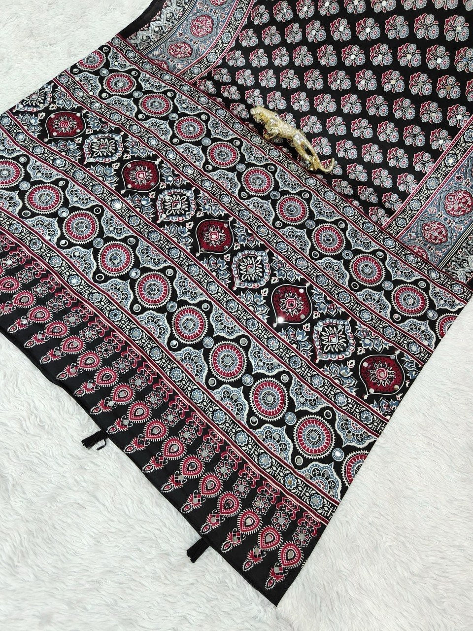 Black Multicolor Japan Satin Printed Saree with Real Mirror Work & Azrakh Border