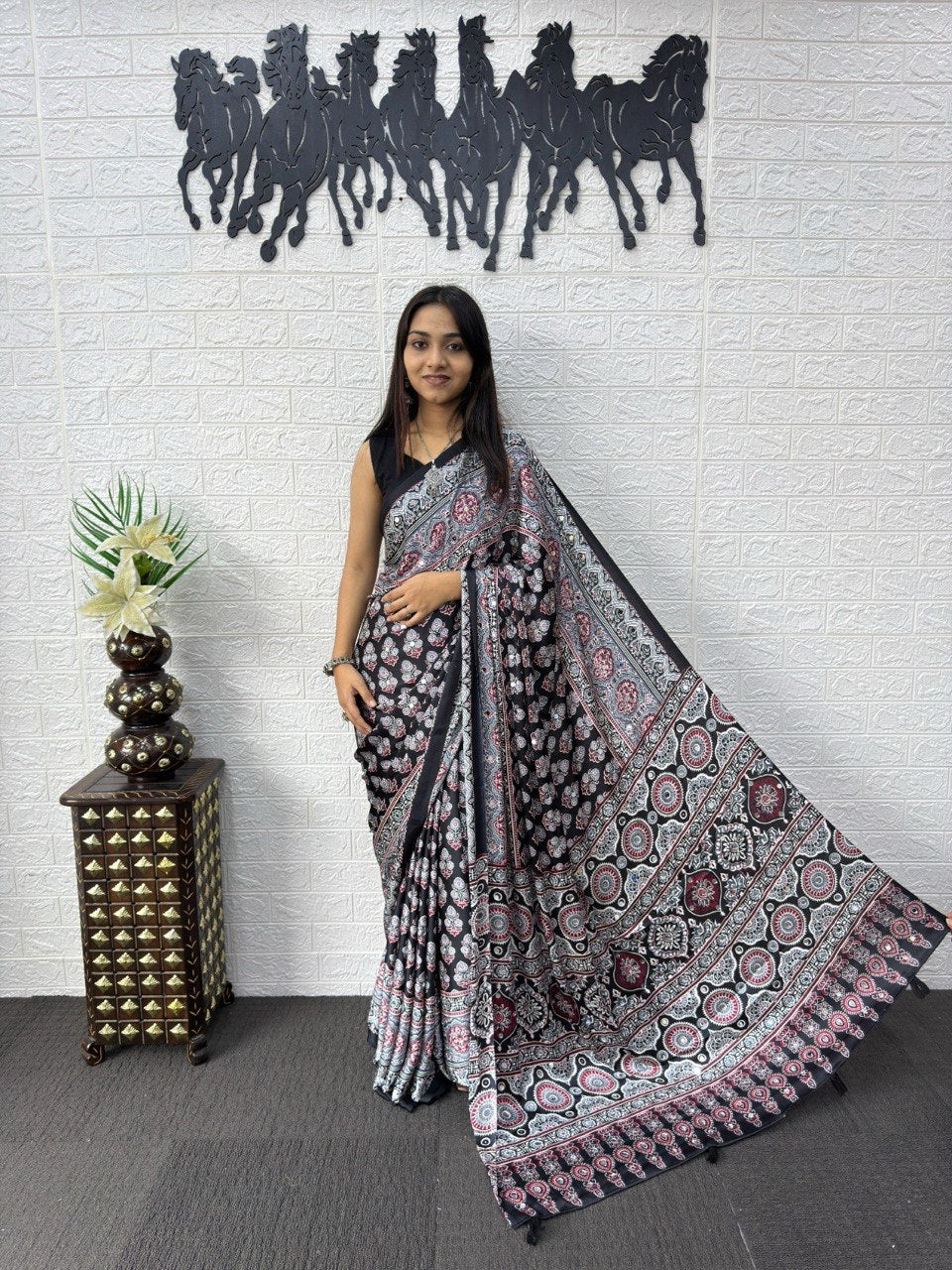 Black Multicolor Japan Satin Printed Saree with Real Mirror Work & Azrakh Border