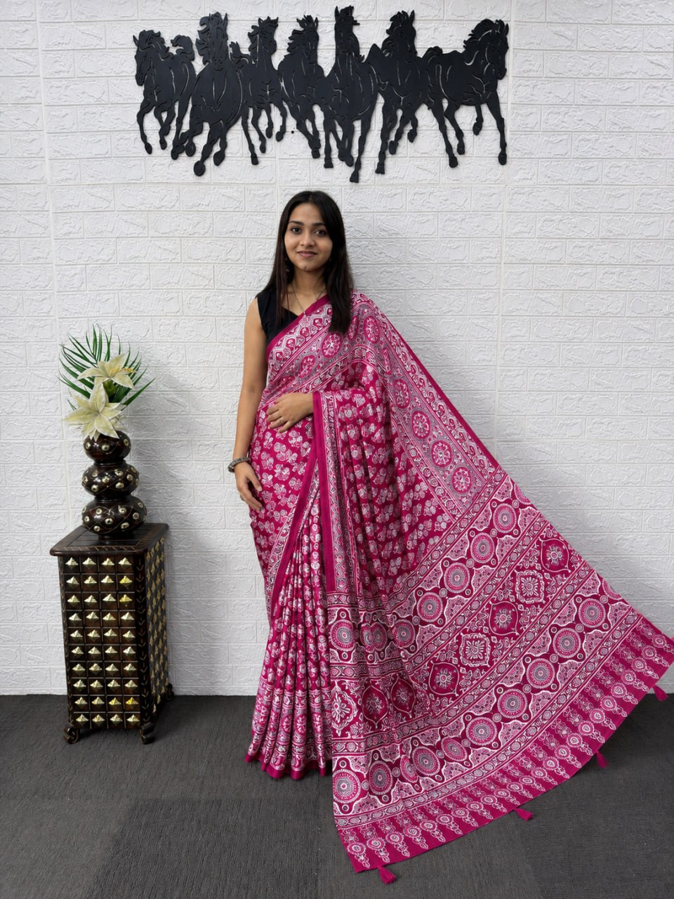 Fuchsia Pink Japan Satin Printed Saree with Real Mirror Work & Azrakh Border