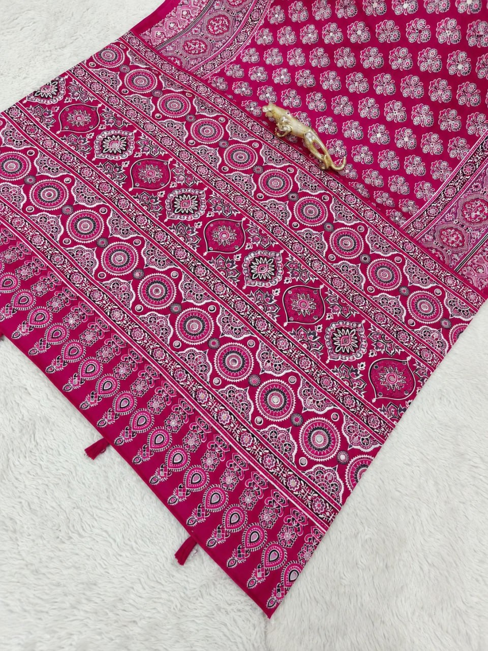 Fuchsia Pink Japan Satin Printed Saree with Real Mirror Work & Azrakh Border