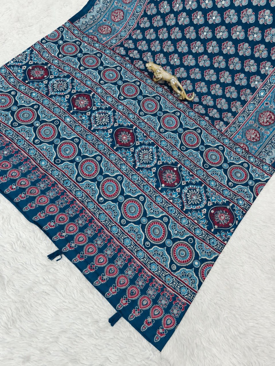 Teal Blue Japan Satin Printed Saree with Real Mirror Work & Azrakh Border