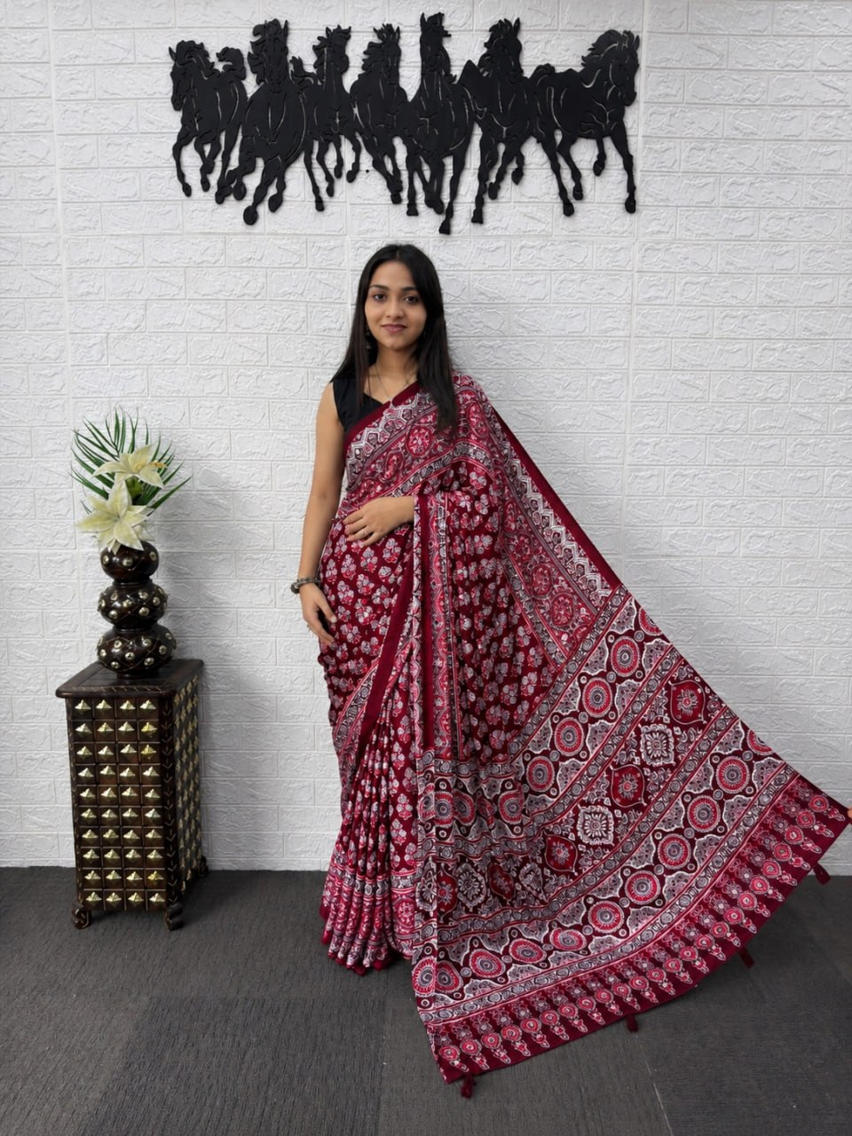 Maroon Japan Satin Printed Saree with Real Mirror Work & Azrakh Border