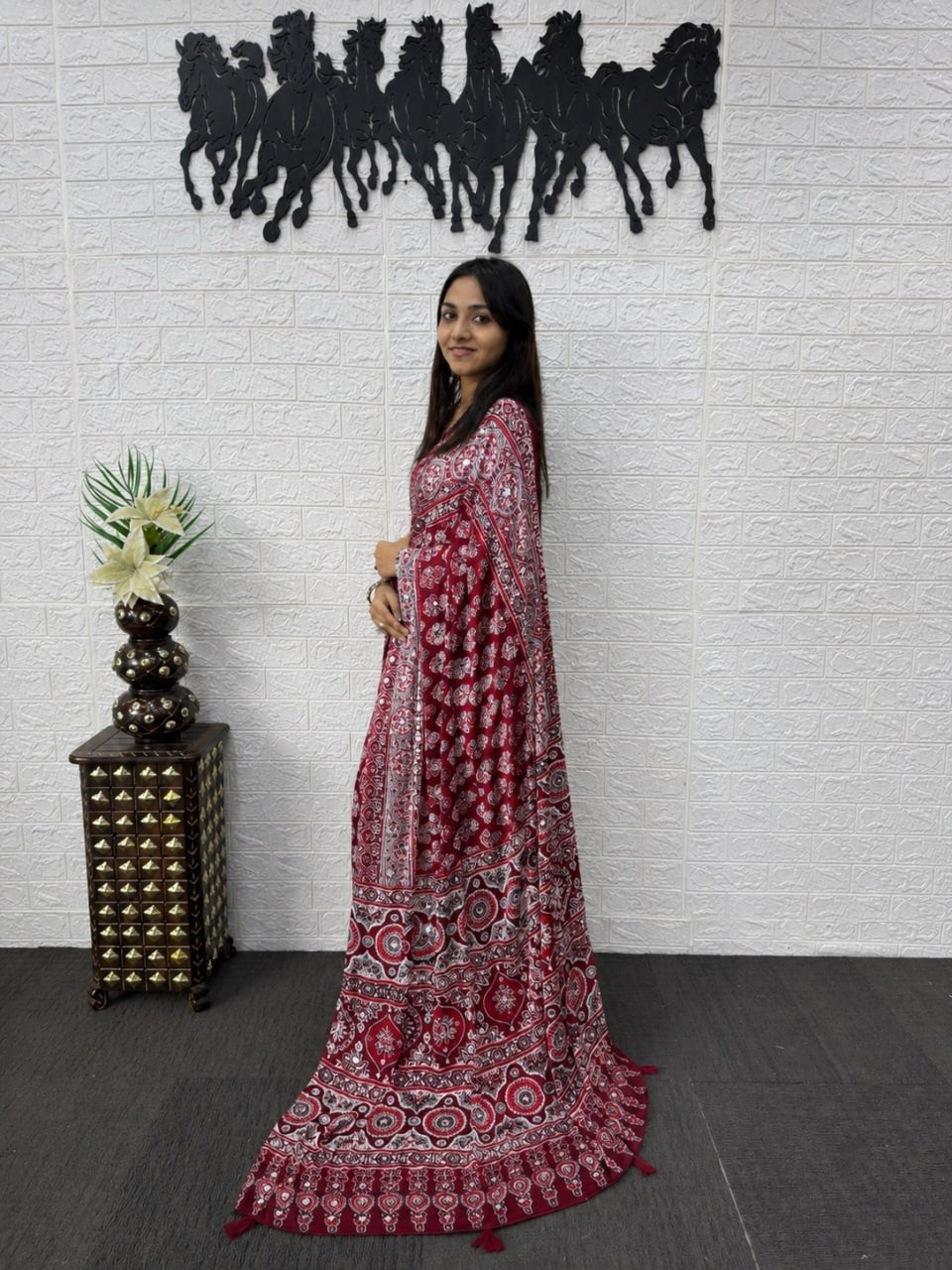 Maroon Japan Satin Printed Saree with Real Mirror Work & Azrakh Border