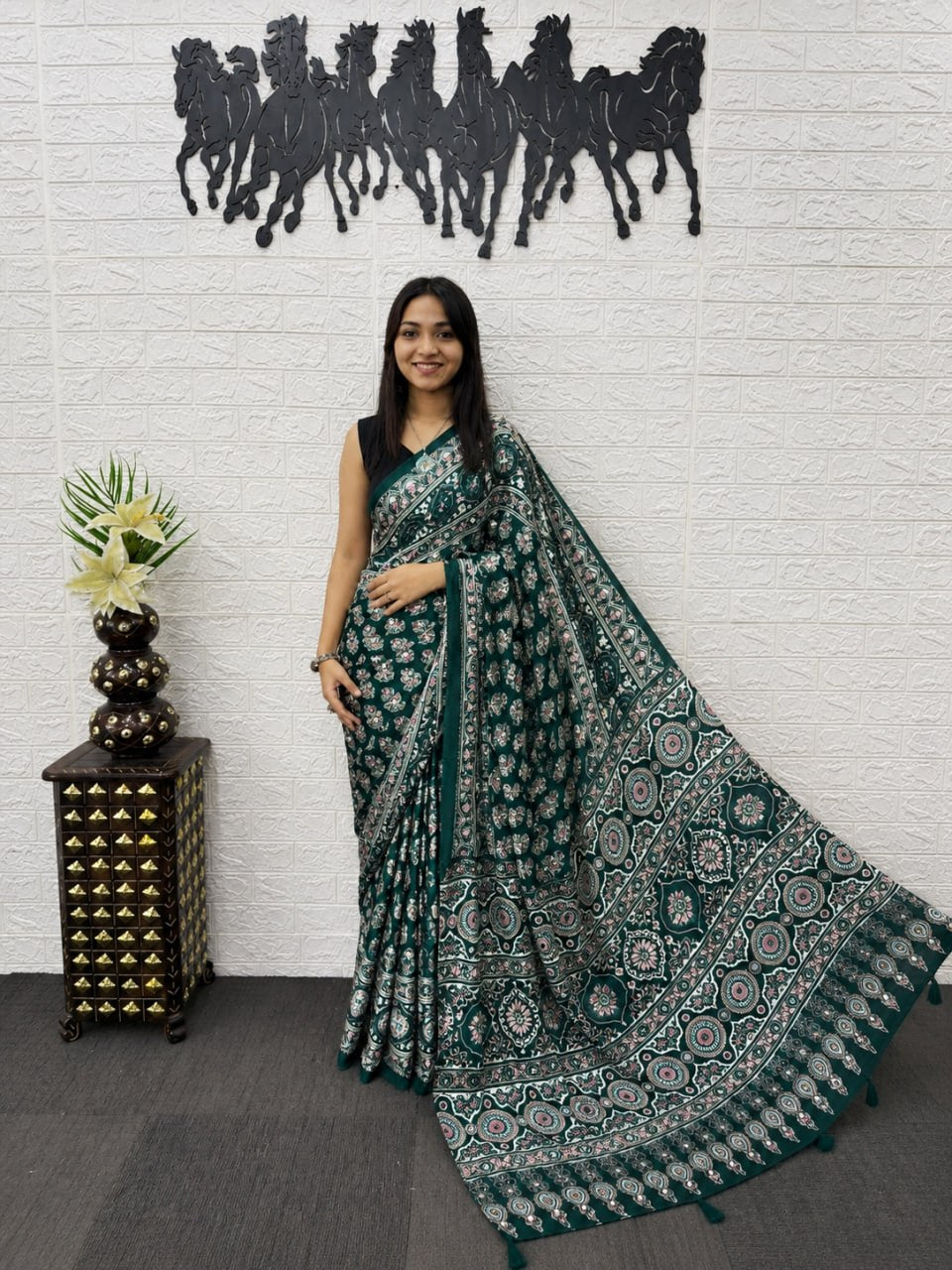 Bottle Green Japan Satin Printed Saree with Real Mirror Work & Azrakh Border