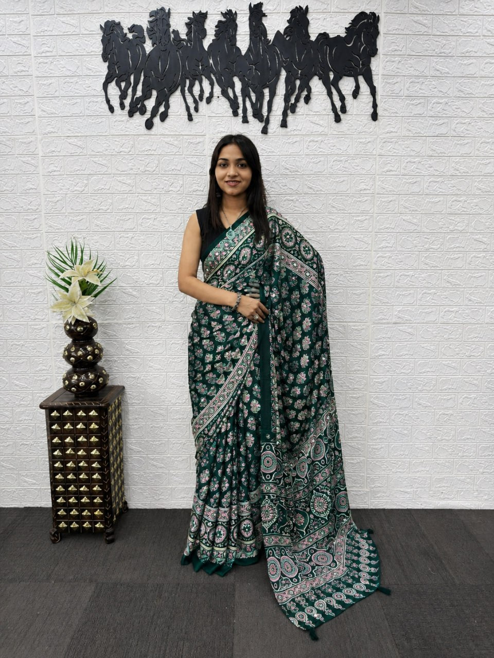 Bottle Green Japan Satin Printed Saree with Real Mirror Work & Azrakh Border