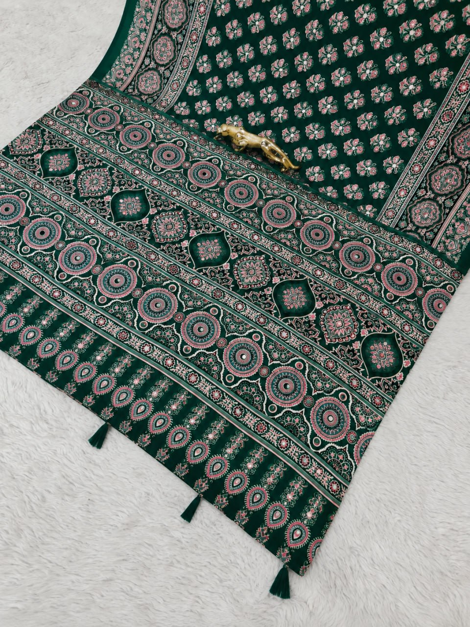 Bottle Green Japan Satin Printed Saree with Real Mirror Work & Azrakh Border