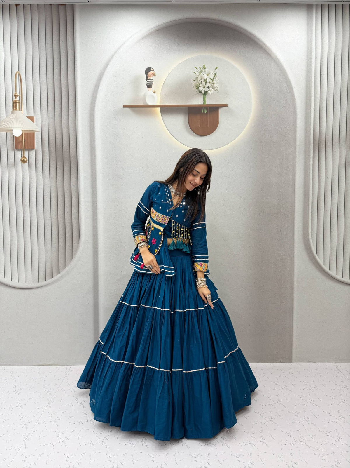 Royal Teal Blue Pure Cotton Handwork Koti Lehenga Choli Set with 9 Meter Flair