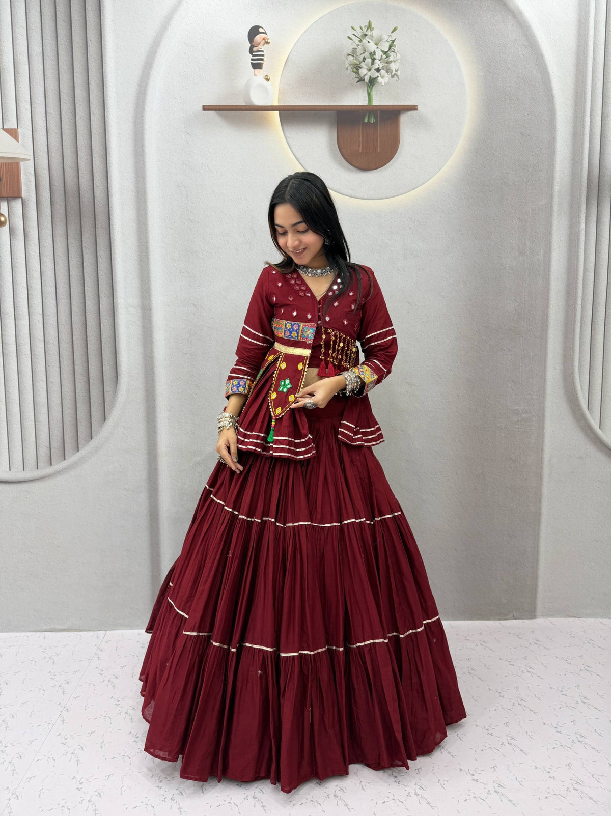 Wine Maroon Pure Cotton Handwork Koti Lehenga Choli Set with 9 Meter Flair