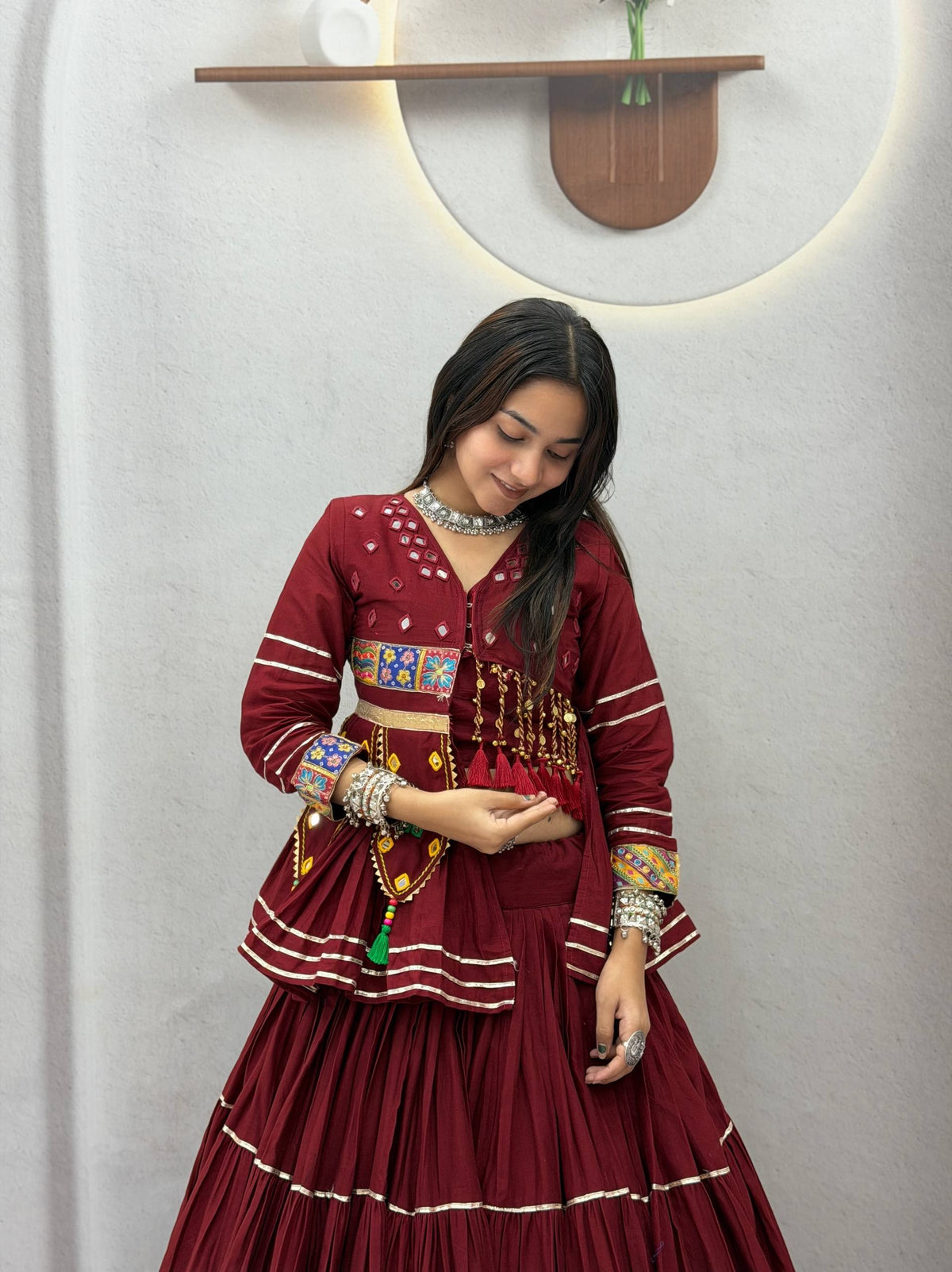 Wine Maroon Pure Cotton Handwork Koti Lehenga Choli Set with 9 Meter Flair