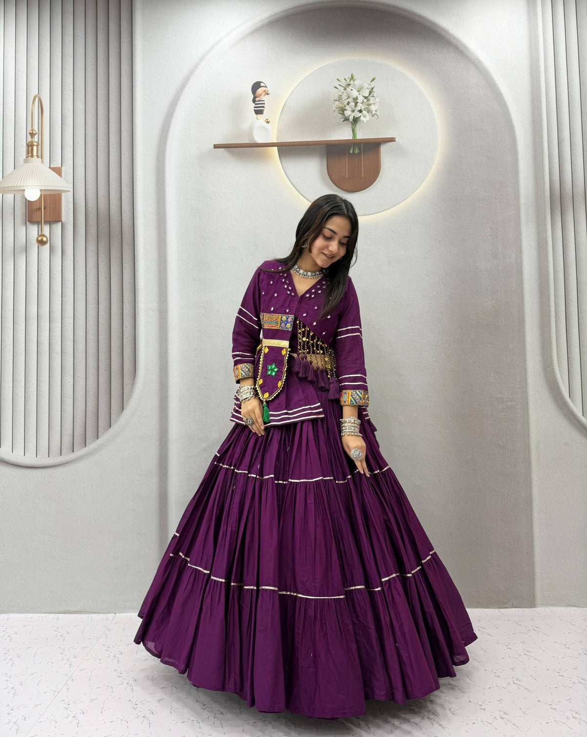 Royal Purple Pure Cotton Handwork Koti Lehenga Choli Set with 9 Meter Flair