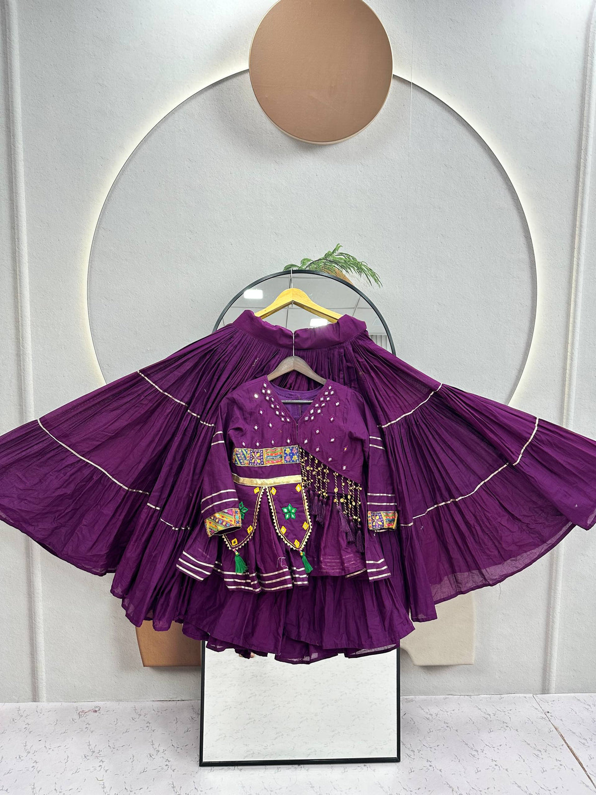 Royal Purple Pure Cotton Handwork Koti Lehenga Choli Set with 9 Meter Flair