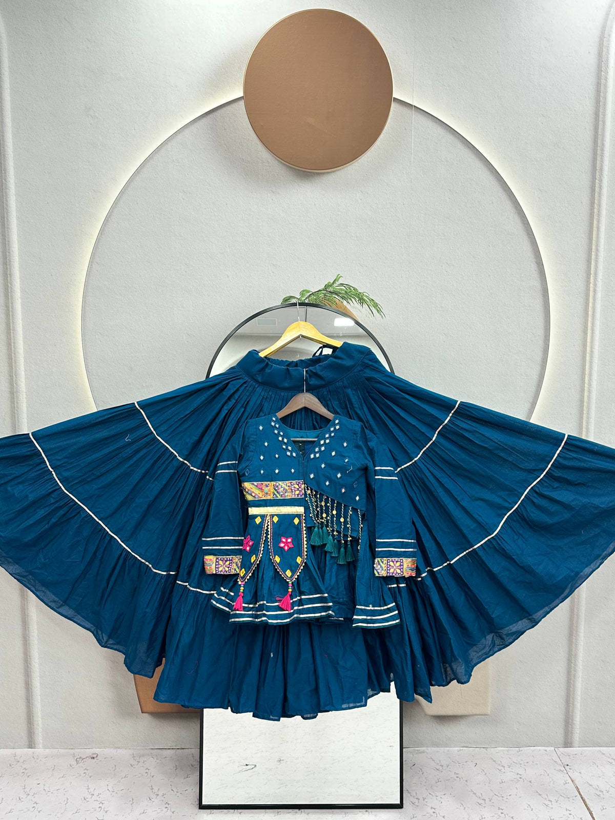 Royal Teal Blue Pure Cotton Handwork Koti Lehenga Choli Set with 9 Meter Flair