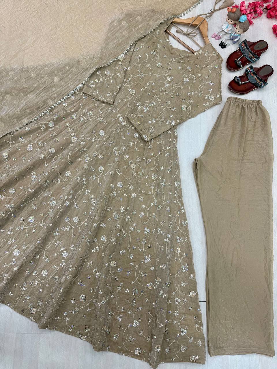 Taupe Beige Fendi Crush Embroidered Anarkali Gown Set with Dupatta