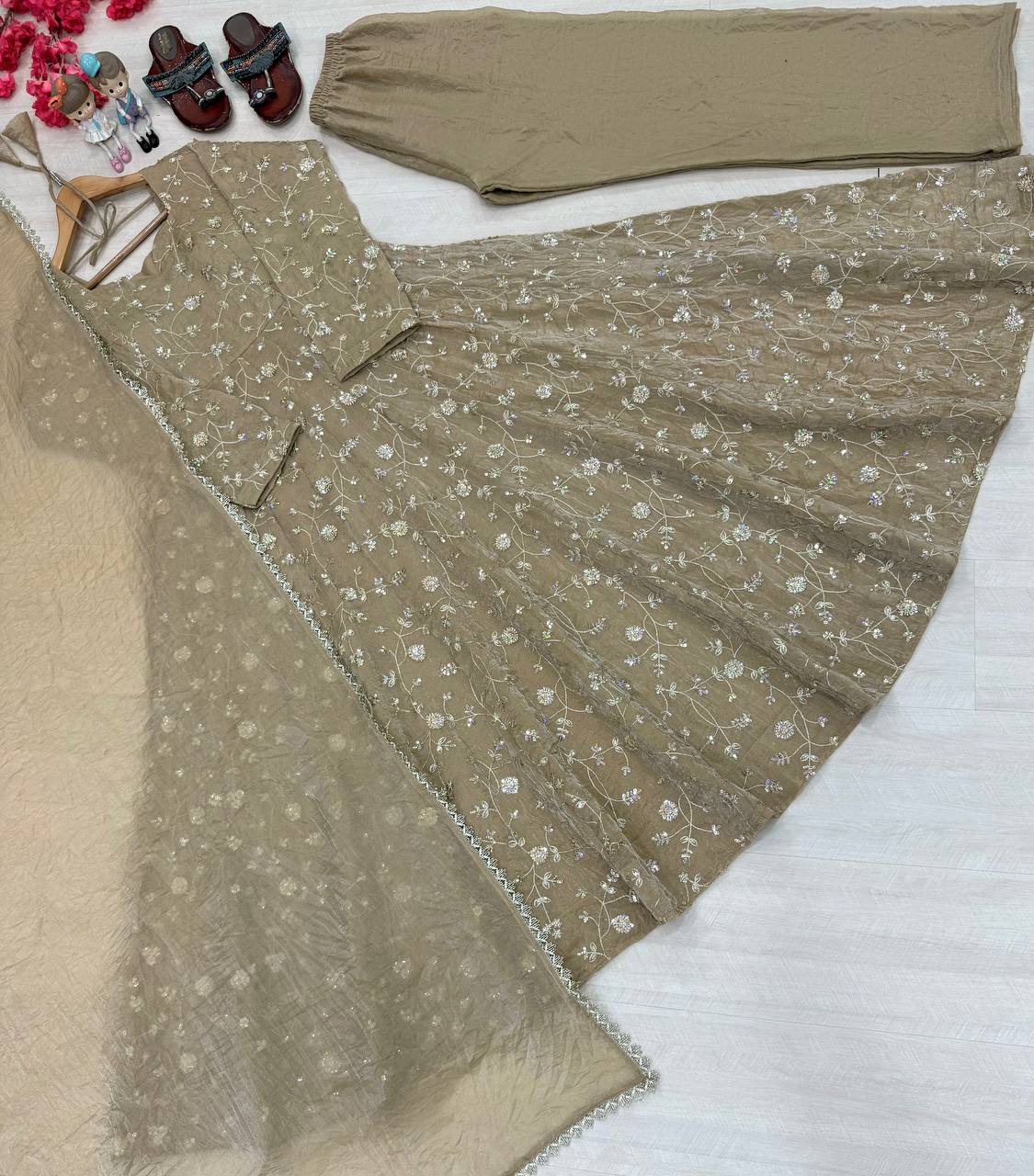 Taupe Beige Fendi Crush Embroidered Anarkali Gown Set with Dupatta