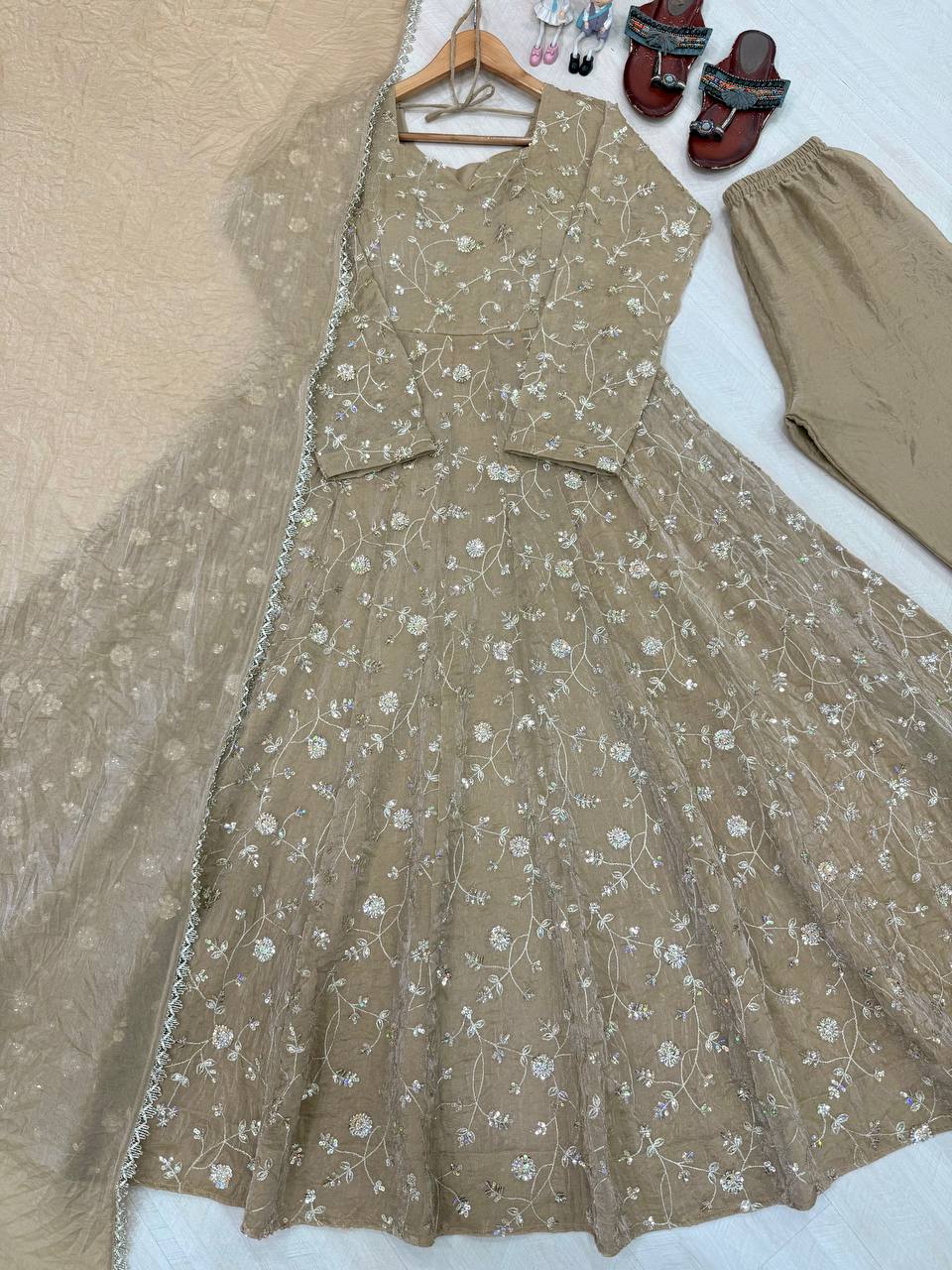 Taupe Beige Fendi Crush Embroidered Anarkali Gown Set with Dupatta