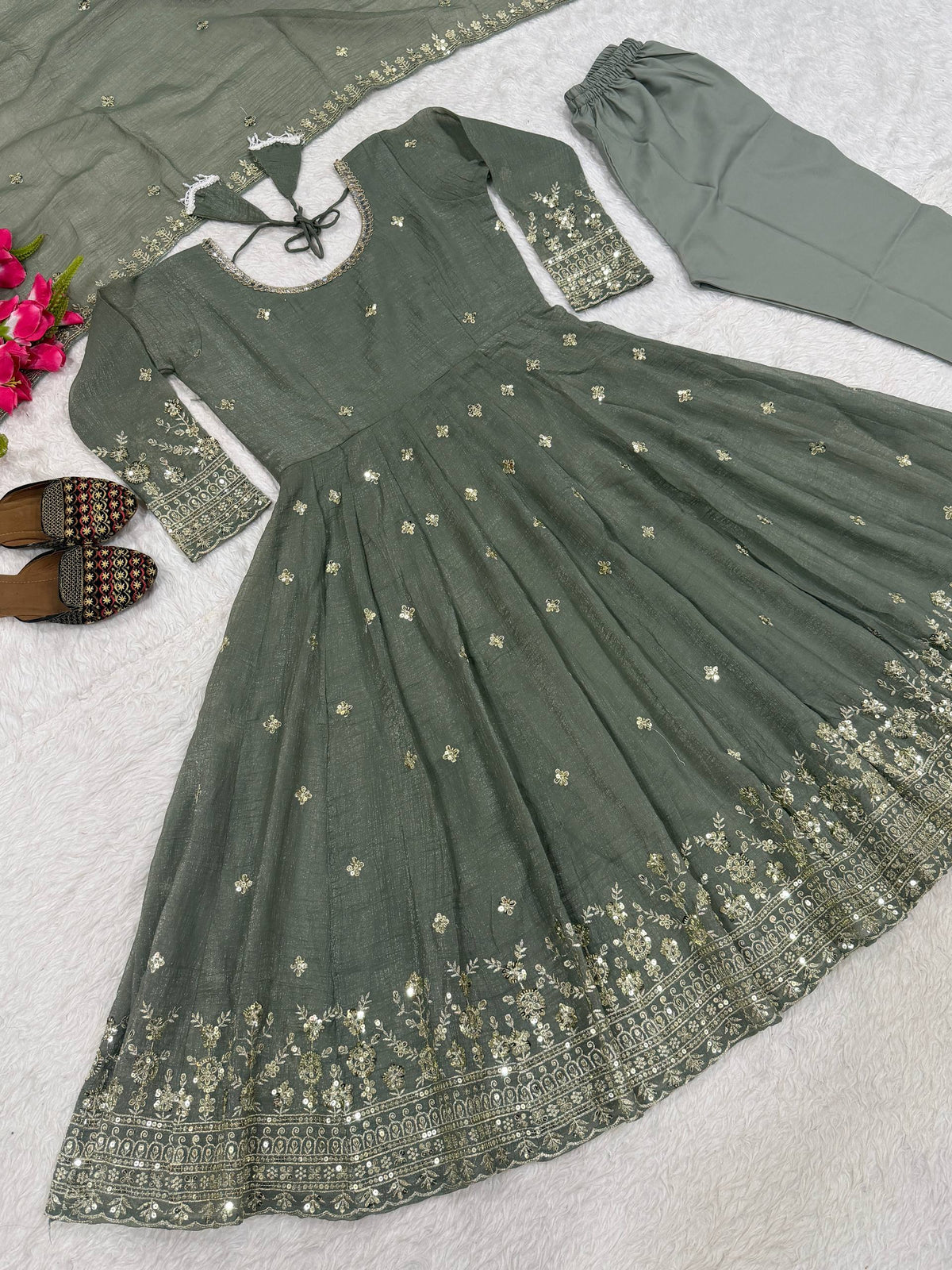 Sage Green Heavy Crunchy Silk Embroidered Anarkali Suit Set with Dupatta