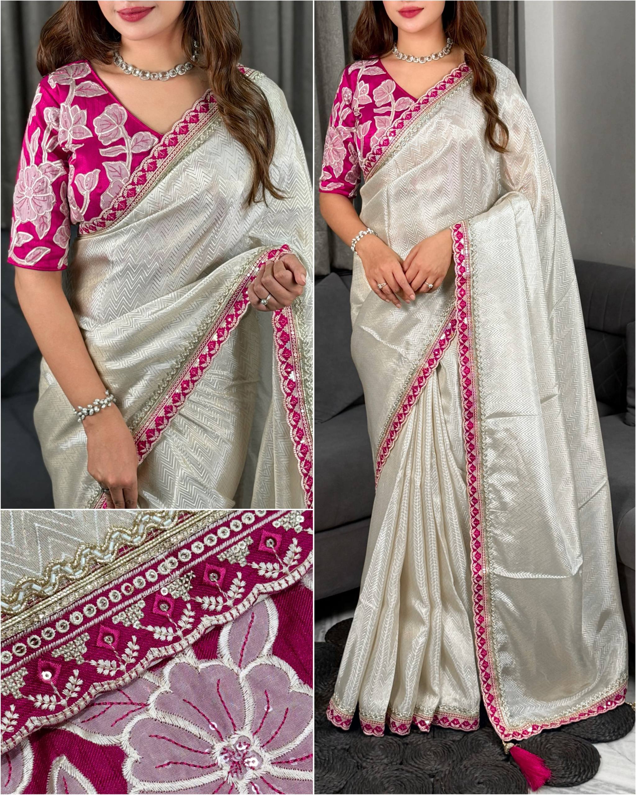 Ivory White & Rani Pink Pure Viscose Satin Saree with Floral Appliqué Blouse