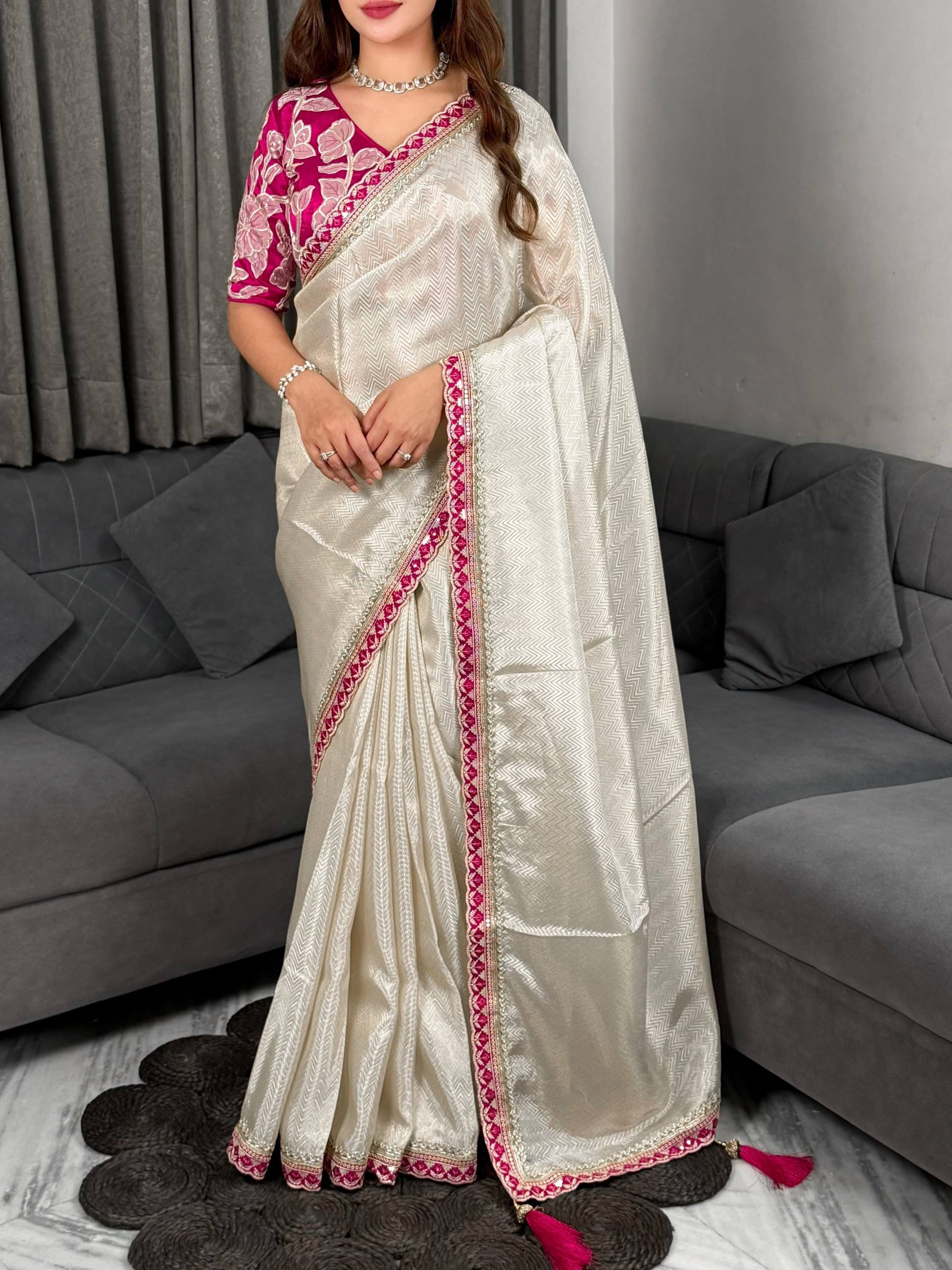 Ivory White & Rani Pink Pure Viscose Satin Saree with Floral Appliqué Blouse