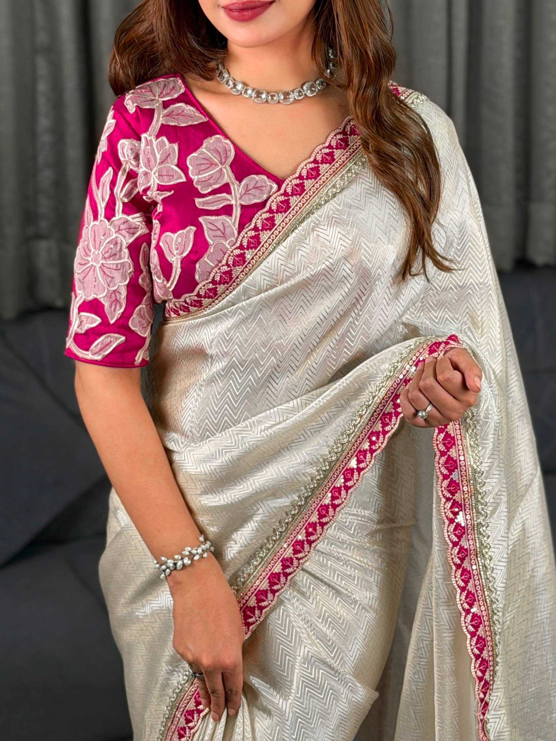 Ivory White & Rani Pink Pure Viscose Satin Saree with Floral Appliqué Blouse