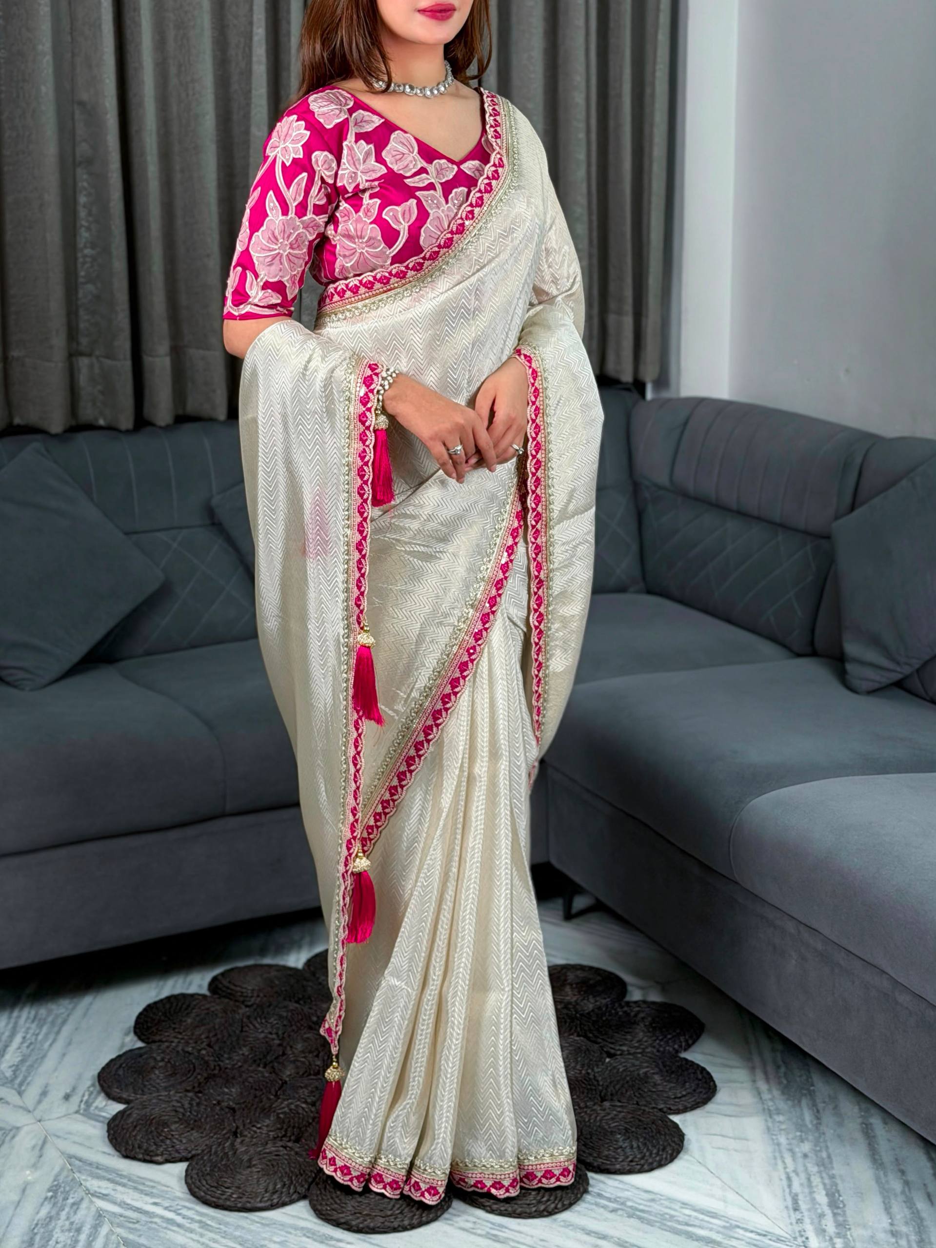 Ivory White & Rani Pink Pure Viscose Satin Saree with Floral Appliqué Blouse