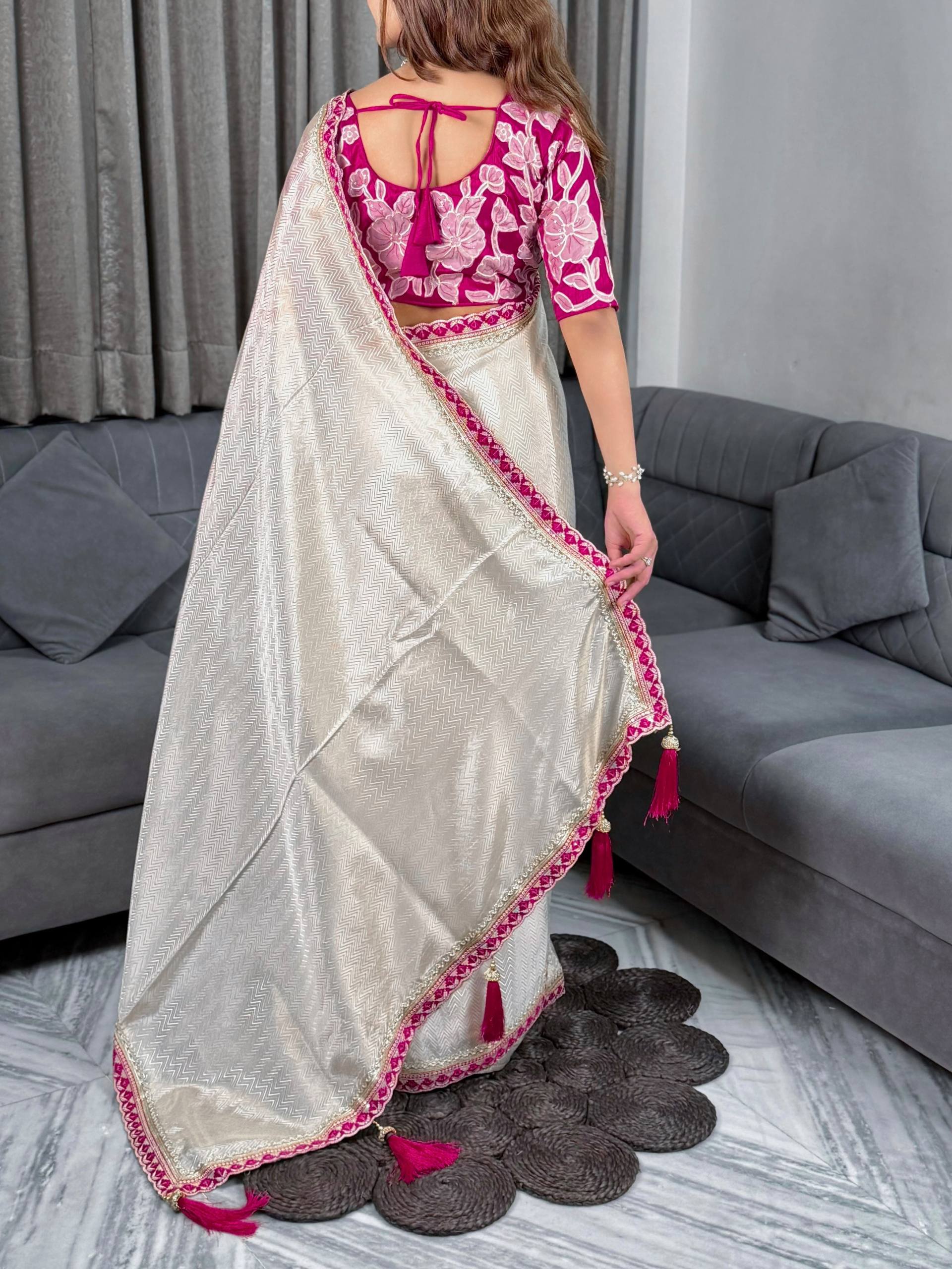 Ivory White & Rani Pink Pure Viscose Satin Saree with Floral Appliqué Blouse