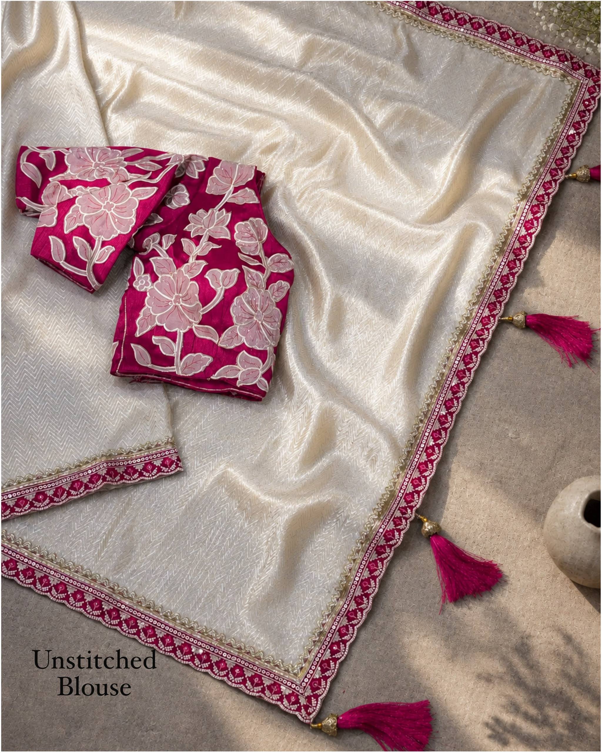 Ivory White & Rani Pink Pure Viscose Satin Saree with Floral Appliqué Blouse
