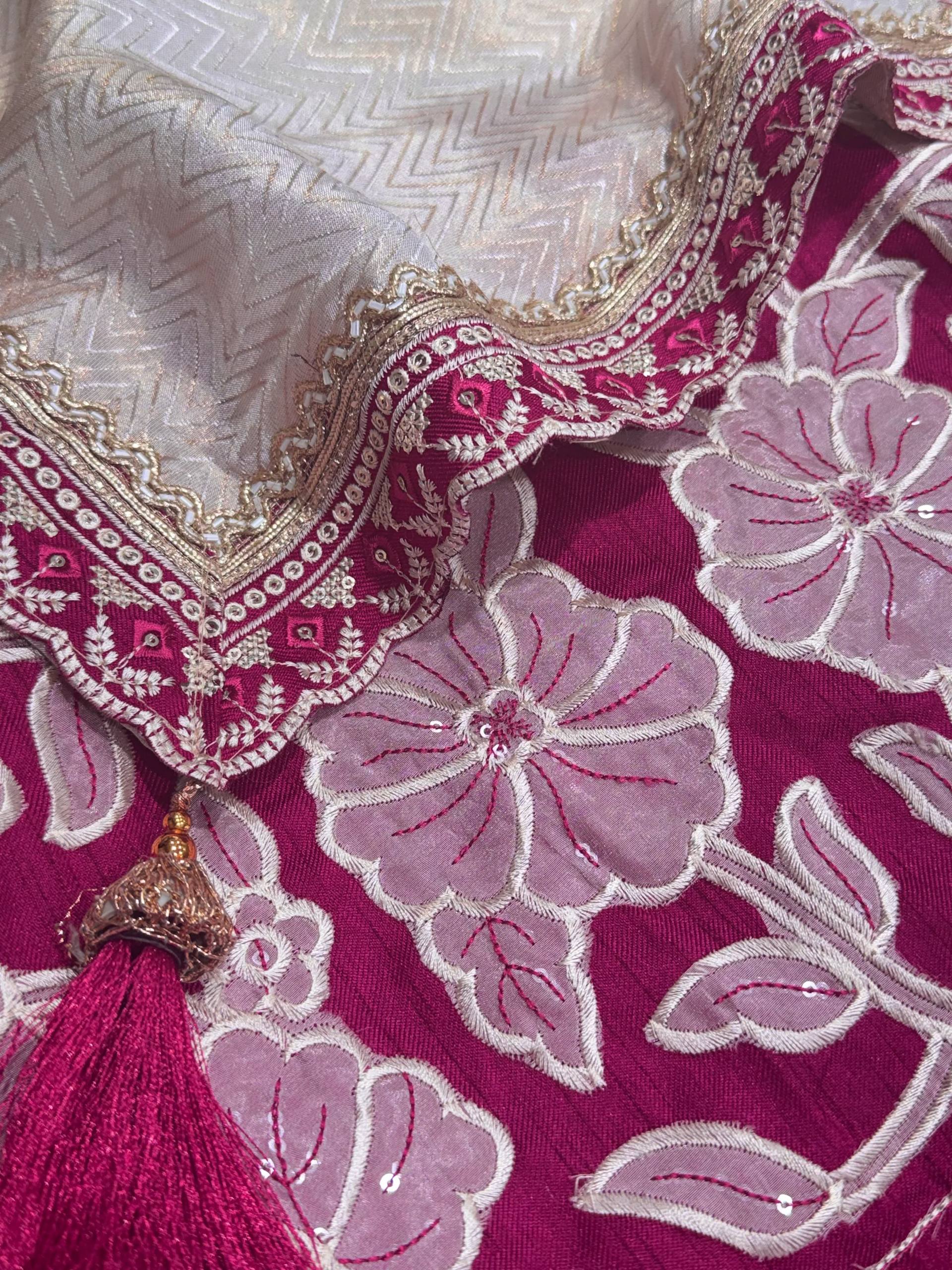 Ivory White & Rani Pink Pure Viscose Satin Saree with Floral Appliqué Blouse