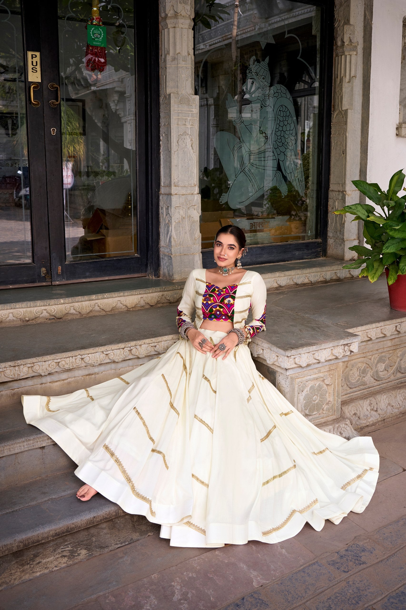 Ivory White Mirror Gamthi Work Navratri Lehenga Choli | 8 Meter Flair Garba Collection 2026