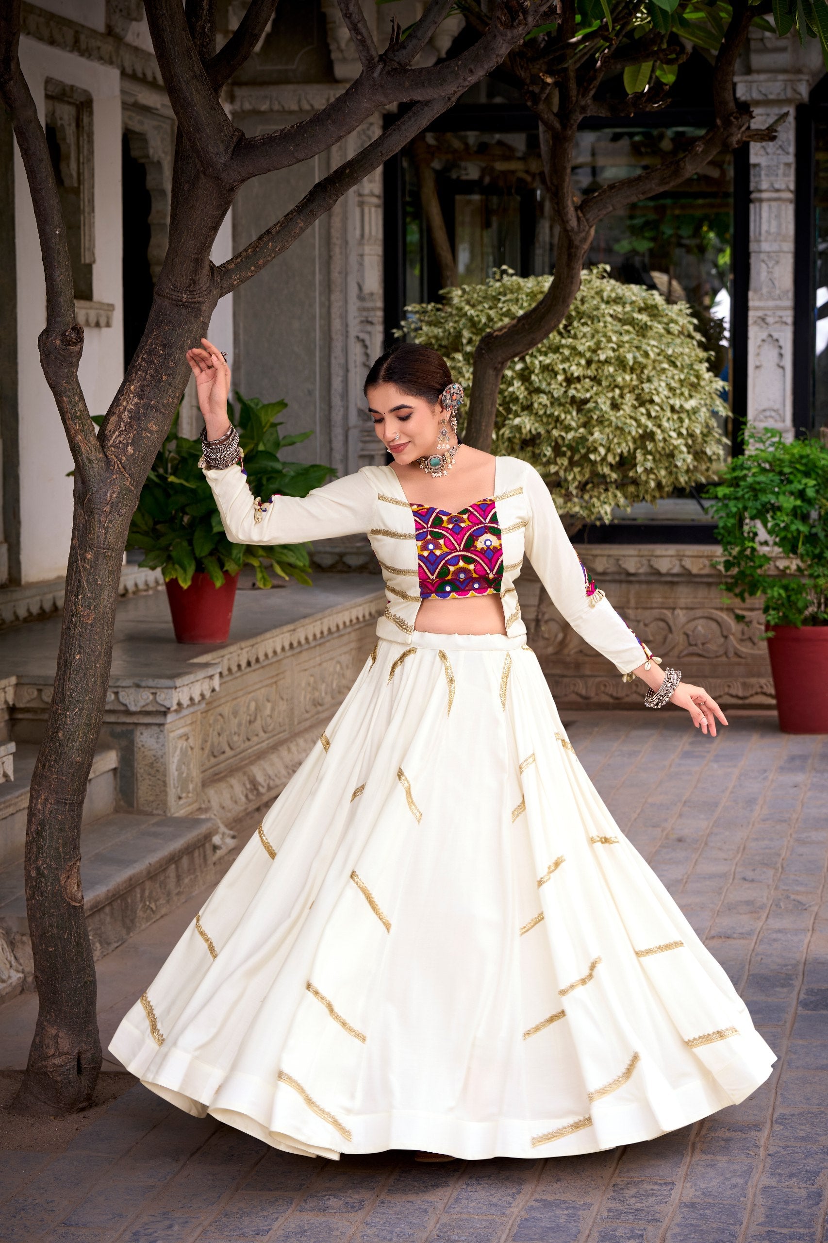 Ivory White Mirror Gamthi Work Navratri Lehenga Choli | 8 Meter Flair Garba Collection 2026