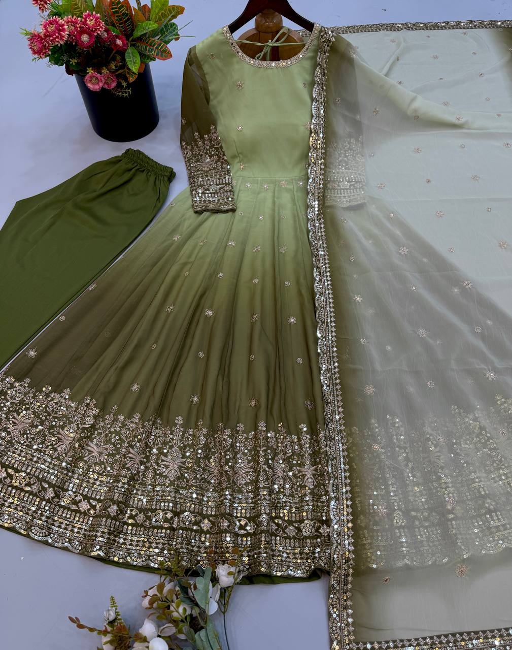 Pista Green Georgette Embroidered Anarkali Suit Set with Dupatta