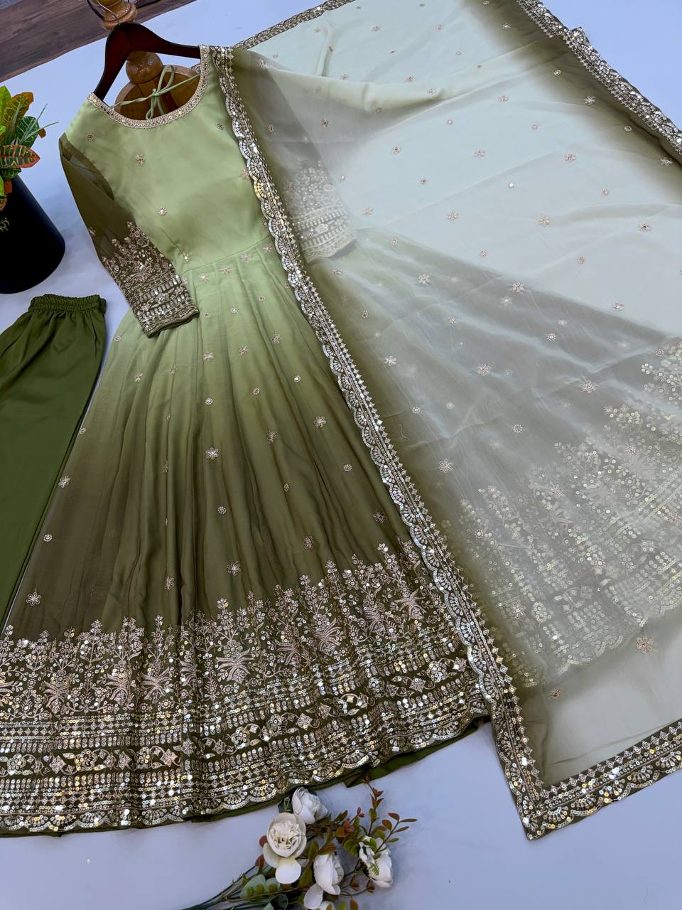 Pista Green Georgette Embroidered Anarkali Suit Set with Dupatta