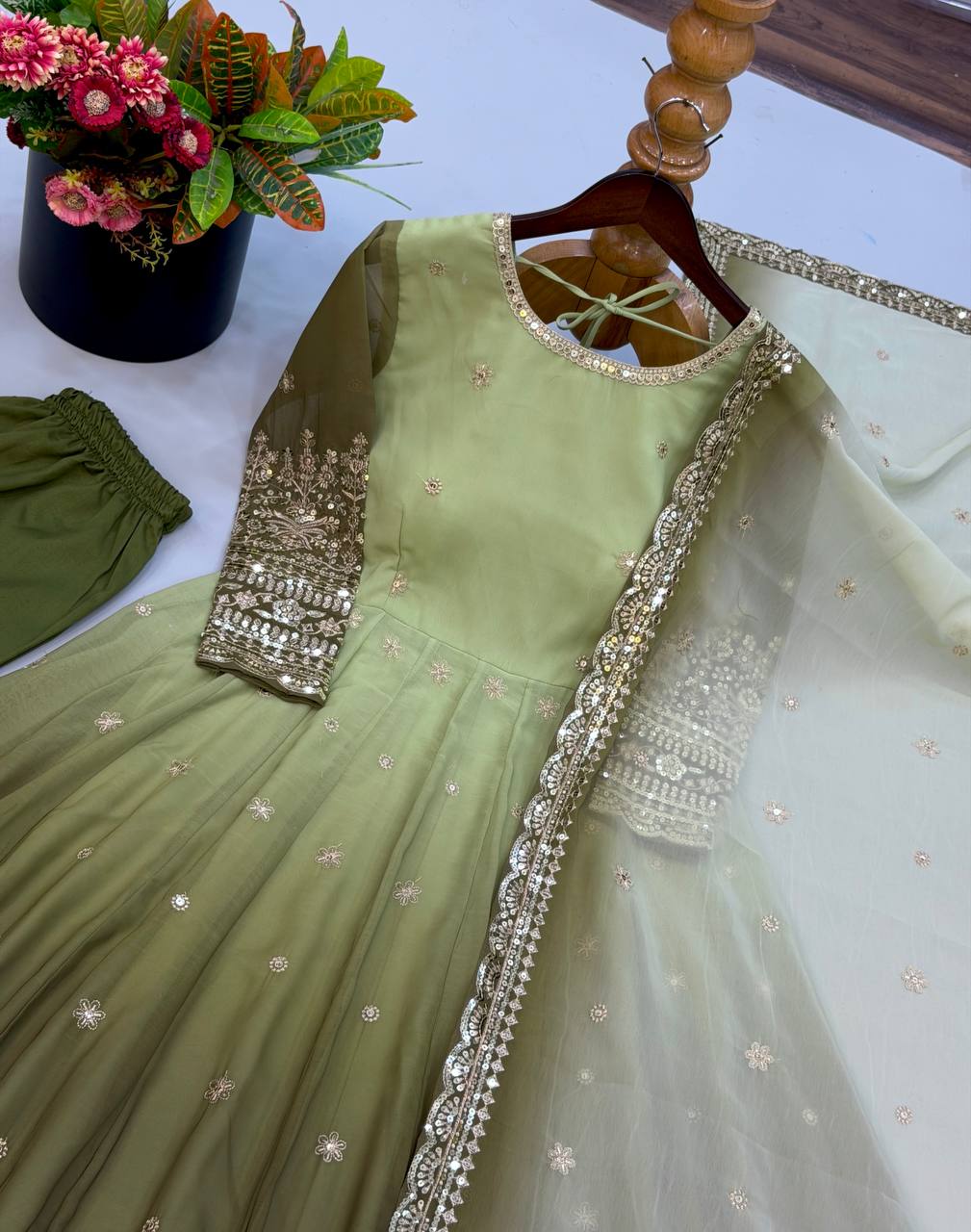 Pista Green Georgette Embroidered Anarkali Suit Set with Dupatta