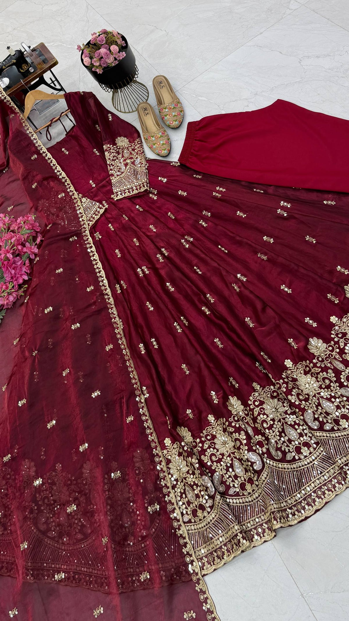 Wine Maroon Fendy Silk Sequence Embroidered Anarkali Gown Set with Dupatta