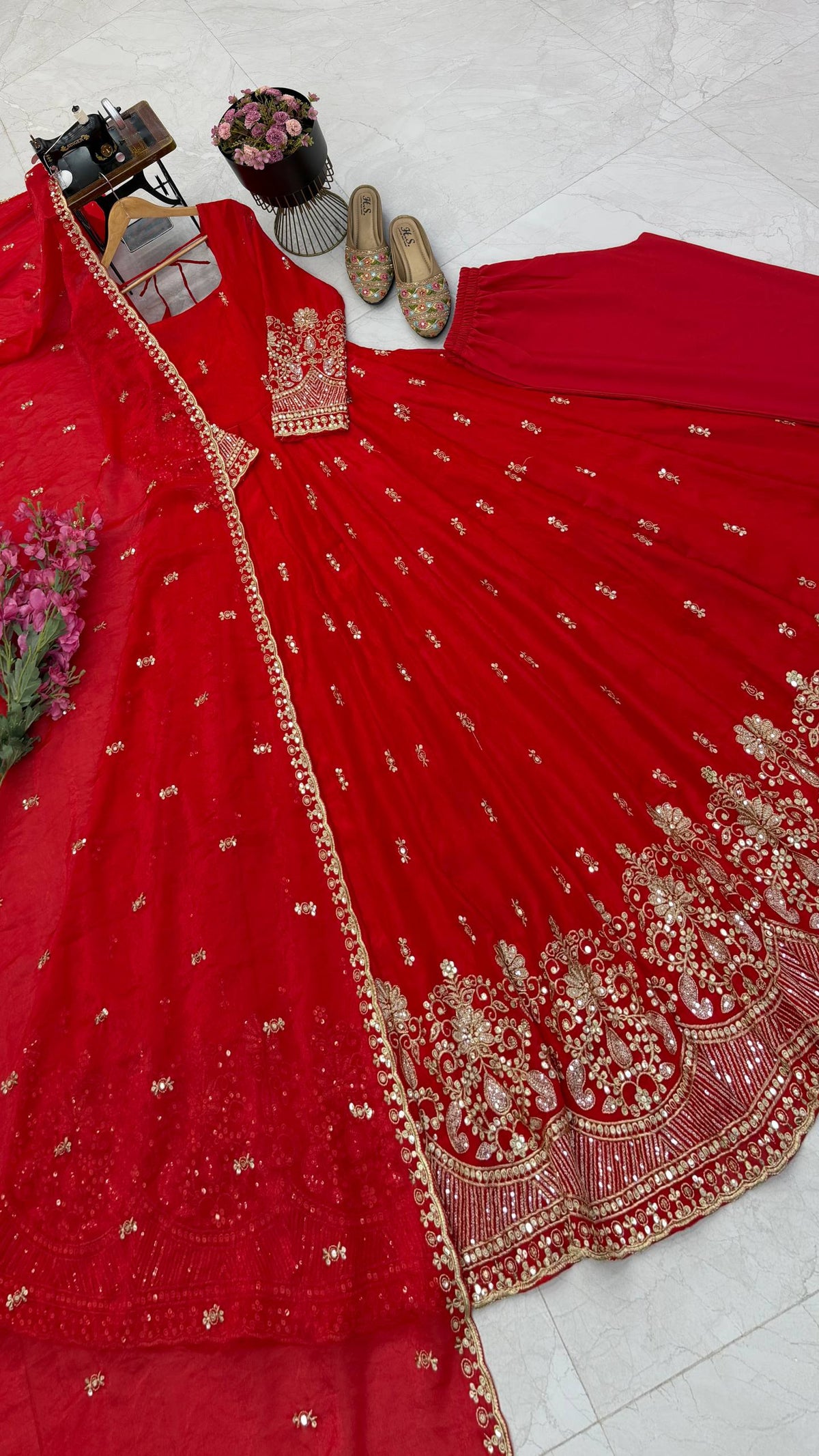 Ruby Red Fendy Silk Embroidered Anarkali Gown Suit Set with Dupatta