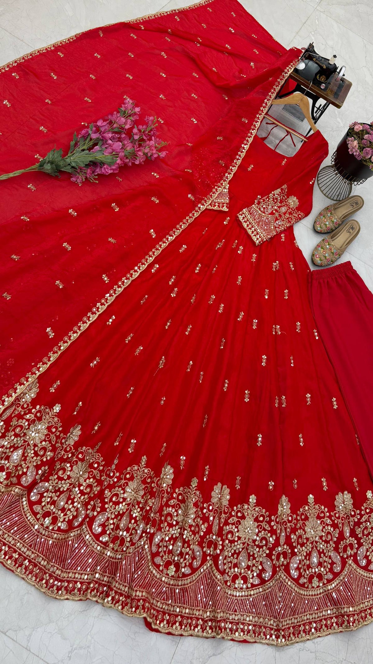 Ruby Red Fendy Silk Embroidered Anarkali Gown Suit Set with Dupatta