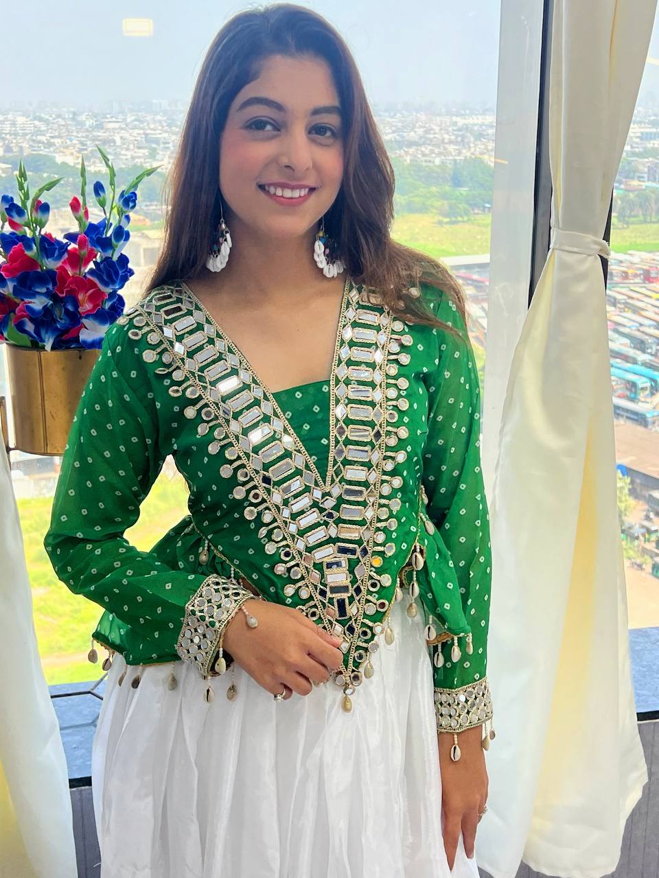 Emerald Green Georgette Side-Cut Kurti with White Chinon Lehenga Set