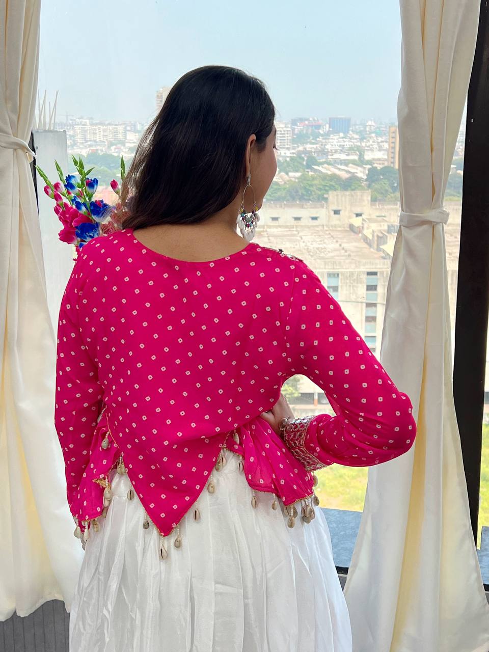 Hot Pink Georgette Side-Cut Kurti with White Chinon Lehenga Set