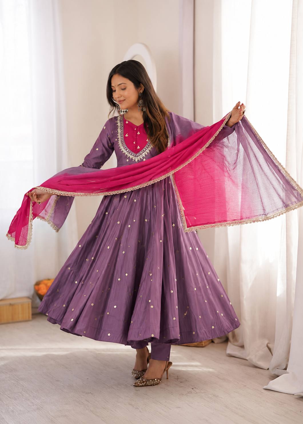 Wine Purple Roman Silk Embroidered Anarkali Gown Set with Mirror Work & Kota Dupatta