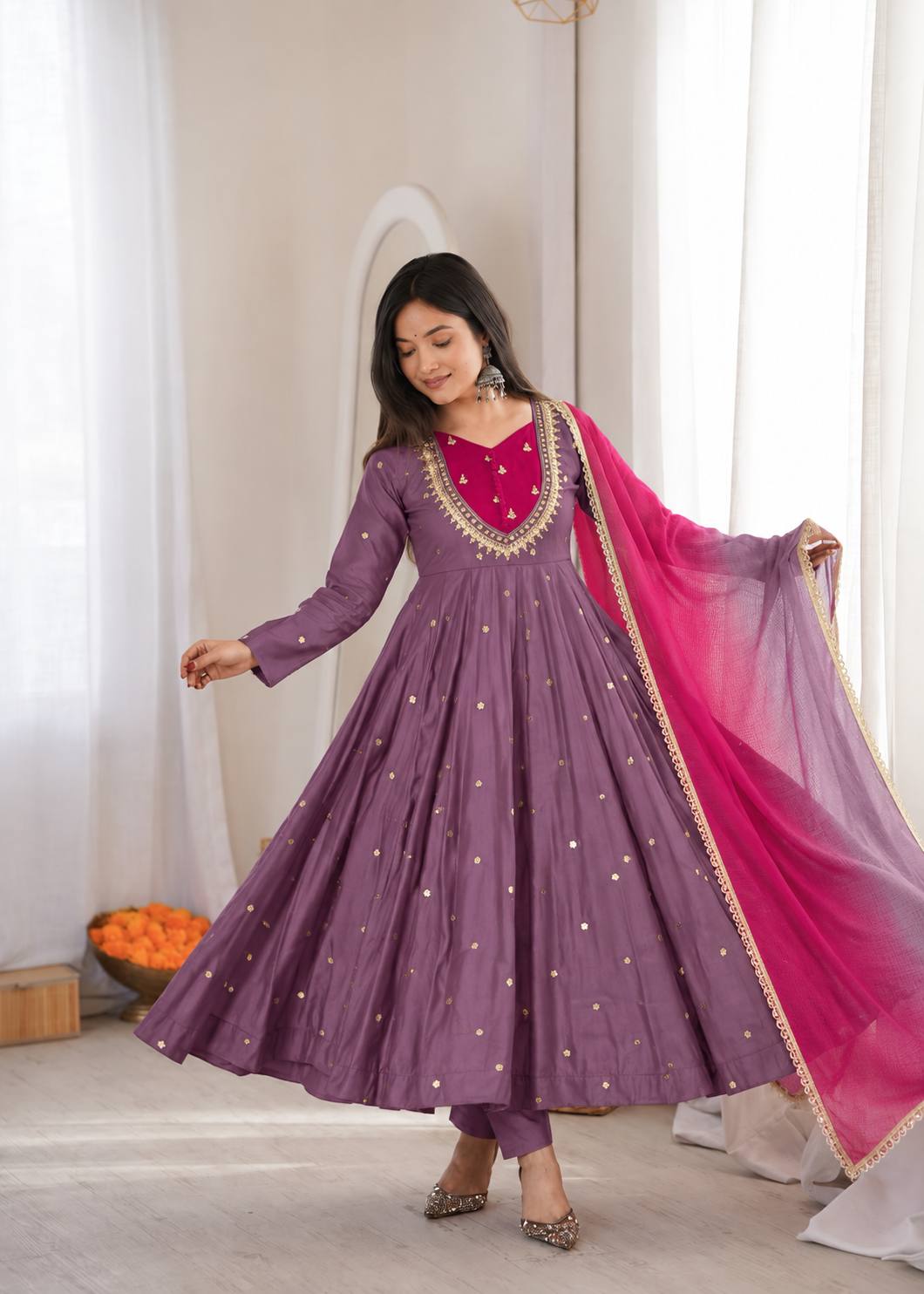 Wine Purple Roman Silk Embroidered Anarkali Gown Set with Mirror Work & Kota Dupatta