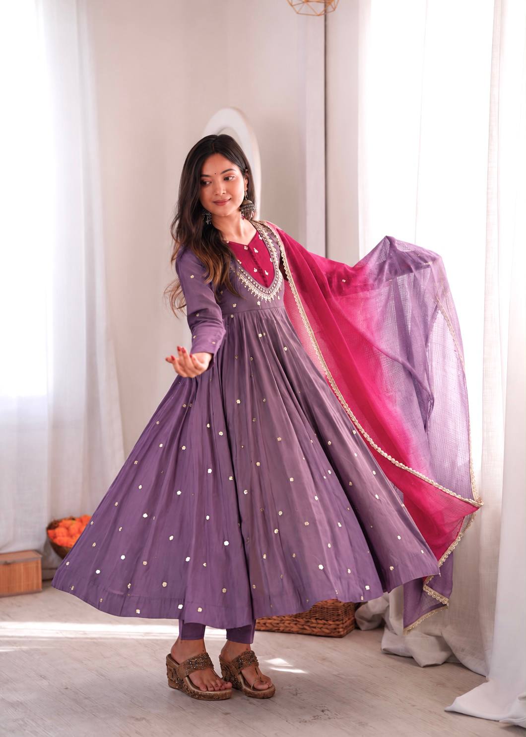 Wine Purple Roman Silk Embroidered Anarkali Gown Set with Mirror Work & Kota Dupatta