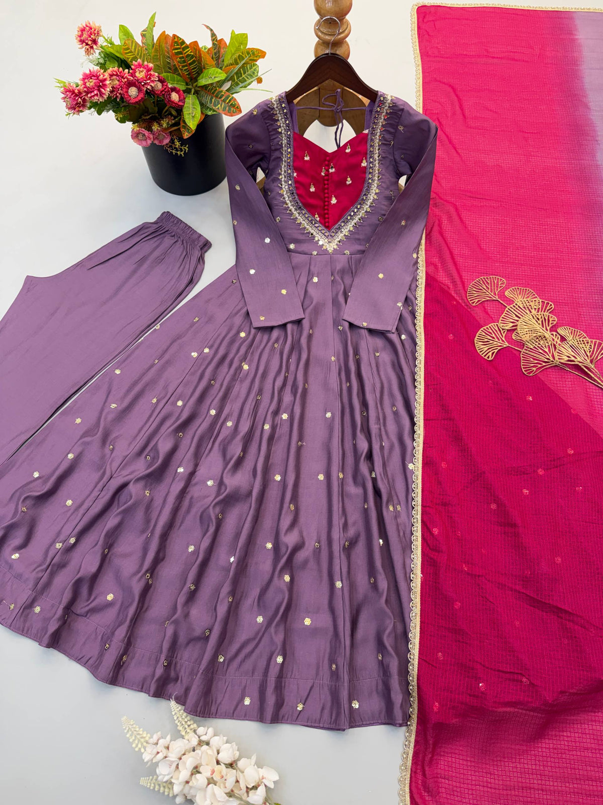 Wine Purple Roman Silk Embroidered Anarkali Gown Set with Mirror Work & Kota Dupatta
