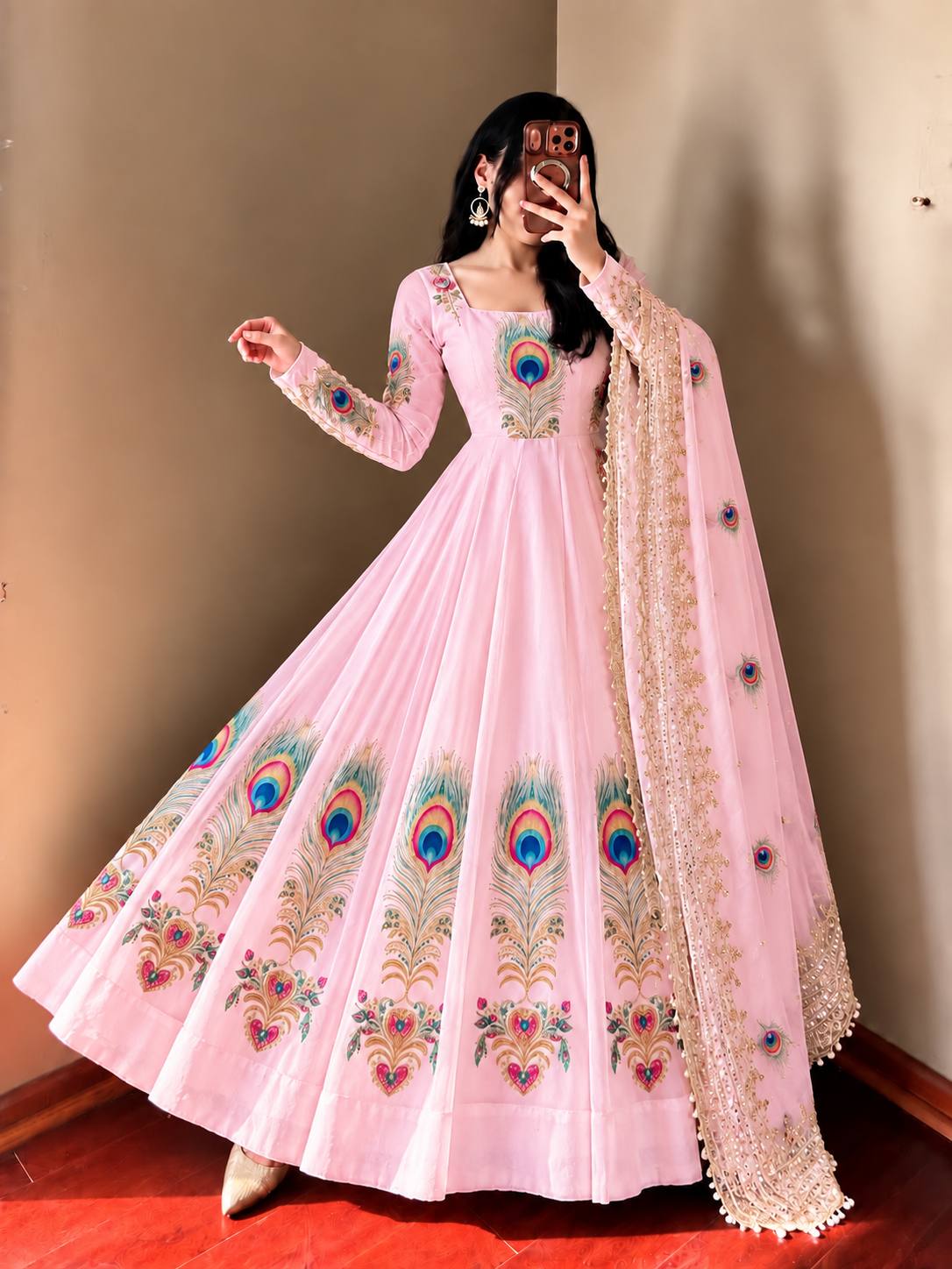 Baby Pink Fendy Silk Printed Peacock Anarkali Gown Set with Dupatta