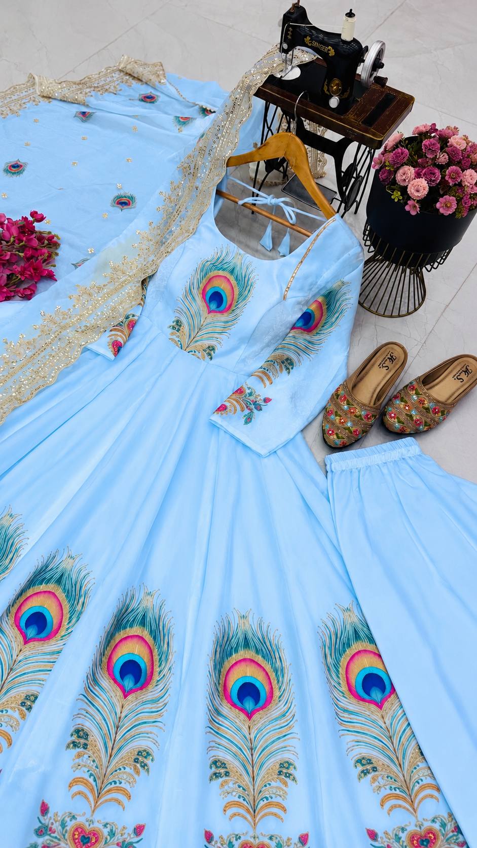 Sky Blue Fendy Silk Printed Anarkali Gown Set with Sequence Dupatta