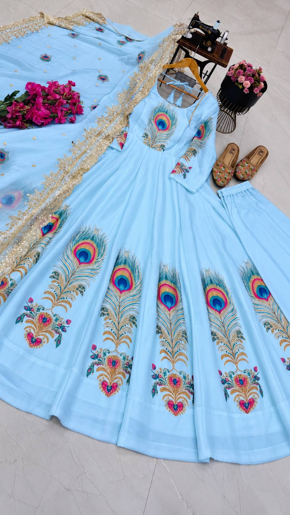 Sky Blue Fendy Silk Printed Anarkali Gown Set with Sequence Dupatta